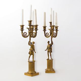 Pair of Empire Style Gilt-Bronze Figural Four Light Candelabra