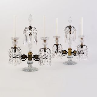 Pair of Regency Brass and Cut Glass Two-Light Candelabra