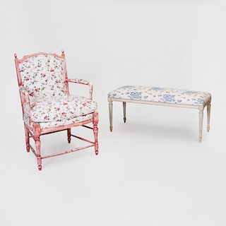 Louis XVI Style Painted Bench and a French Provincial Painted Armchair