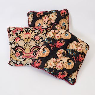 Three Needlework Pillows with Floral Design and Braided Edges