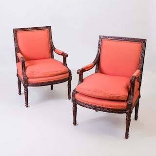 Pair of Louis XVI Style Stained Fauteuil à la Reine, of Recent Manufacture