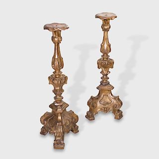 Pair of Italian Baroque Style Carved and Mecca-Decorated Torchère Stands