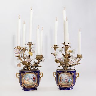 Pair of Sèvres Style Gilt-Bronze Cobalt Ground Bottle Coolers with Gilt-Bronze Five-Light Candelabra Inserts Mounted with Porcelain Flowers 