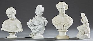 Group of Four Parian Figures of Women, 19th c., consisting of three busts and a seated figure, Tallest- H.- 13 in., W.- 7 1/2 in., D.- 5 1/2 in. (4 Pc