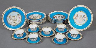 Group of Twenty-Five Sevres Style Porcelain Pieces, c. 1900, consisting of two soup bowls and three plates with the Napoleon gilt cypher in the center