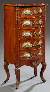 French Louis XV Style Ormolu Mounted Inlaid Walnut Bombe Narrow Chest, early 20th c., the bowed top over five drawers, each with two painted porcelain