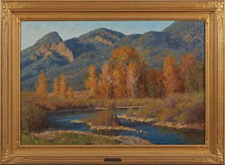 Charles John Fritz (1955-, Montana), "Taos October," 20th c., oil on canvas, signed lower left, verso with the artist's card, presented in a wide gilt