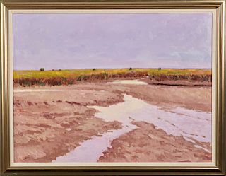 John Stanford (Florida), "Lowlands Landscape," 20th c., oil on board, signed lower left, presented in a gilt frame with a linen mat, H.- 29 1/2 in., W