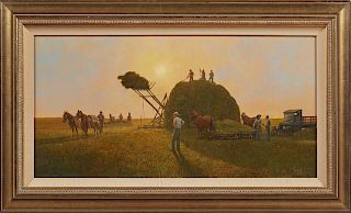 Raymond L. Knaub (1940-, American), "Overshot Stacker-Kansas Prairie," 1981, oil on board, signed and dated lower right, presented in a gilt frame wit