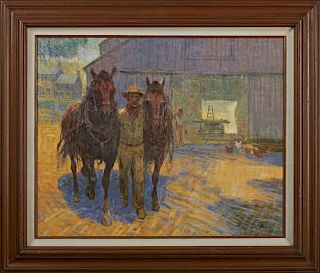 Leal Mack (1892-1962, American), "All Done Haying," 20th c., oil on canvas, signed lower right, presented in a stepped wooden frame with a linen mat a
