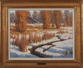 Charles John Fritz (1955- , Montana,) "Cattails Up Duck Creek," 20th c., oil on canvas, signed lower right, titled on brass nameplate, presented in a 