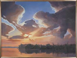 Michelle V. Kondos (California, New Orleans), "Sunset Bayou Scene," 1996, oil on canvas, signed and dated lower right, presented in a silvered frame H