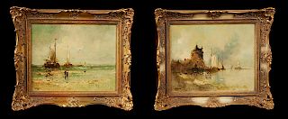 W. Joungen, "Harbor Scenes," 19th c., pair of oils on panel, presented in matching gilt and gesso frames, H.- 9 in., W.- 11 1/2 in. Provenance: Privat
