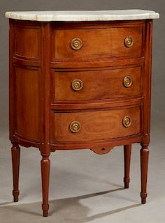 French Louis XVI Style Cherry Marble Top Bowfront Nightstand, 19th c., the shaped cookie corner highly figured white marble over three drawers flanked