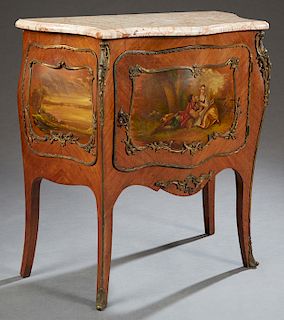 French Louis XV Style Ormolu Mounted Marble Top Kingwood Bombe Commode, late 19th c., the shaped highly figured marble over a cupboard door with Verni