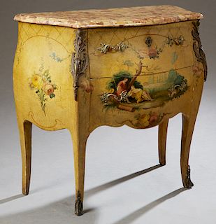 French Louis XV Style Ormolu Mounted Marble Top Bombe Commode, late 19th c., the ocher and mauve shaped marble over two drawers painted with Vernis Ma