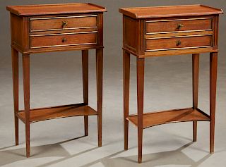 Pair of French XVI Style Ormolu Mounted Mahogany and Cherry Nightstands, 19th c., the three-quarter galleried top over two drawers on tapered square l
