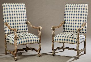Pair of French Louis XIII Style Polychromed Armchairs, 20th c., the rectangular high backs over bowed seats flanked by scrolled arms on cabriole legs 