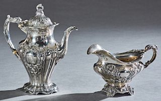 Two Pieces of Sterling, consisting of a teapot, #596, by Gorham in the "Chantilly-Grand" pattern, Wt.- 28.6 Troy Oz. H.- 10 1/2 in., W.- 9 1/4 in., D.