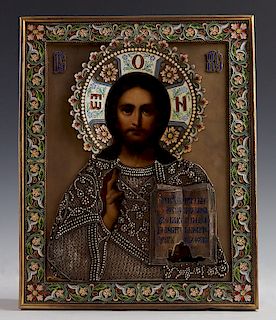 Russian Icon of the Christ Pantocrator, Moscow, 1908-1917, with an enamel and silver filigree oklad, with maker's mark for Ivan Khlebnikov, H.- 9 in.,