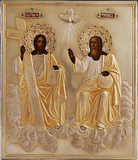 Russian Icon of the New Testament Trinity, Moscow, 1896-1908, with a silver and enamel oklad with the mark of Michoukov Feodor Yakovlevitch, verso wit