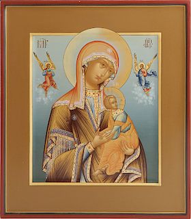 Russian Icon of the Virgin of Passion, 20th c., egg tempera and gilt on wooden panel, H.- 12 1/4 in., W.- 10 5/8 in., D.- 1 3/8 in.