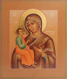 Russian Icon of the Virgin of Iverskaya, 20th c., egg tempera and gilt on wooden panel, H.- 13 in., W.- 11 in., D.- 1 in.