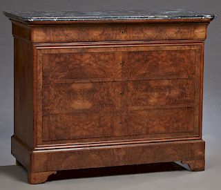 French Louis Philippe Style Carved Walnut Marble Top Commode, 19th c., the reeded edge highly figured grey marble over a cavetto frieze drawer above t