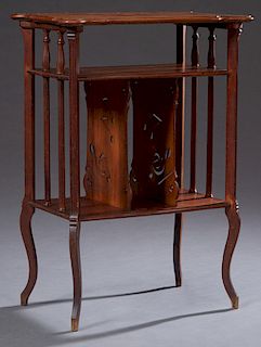 Emil Galle (1846-1904, French), Marquetry Inlaid Elm Music Stand, c. 1900, the Art Nouveau inlaid shaped top with an inset signature plaque "E. Galle,