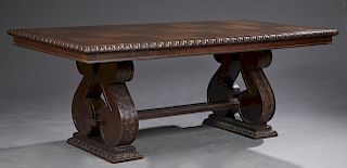French Carved Cherry Refectory Table, c. 1900, the carved edge parquetry inlaid top on large scrolled trestle form supports, on stepped relief carved 