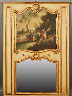 French Gilt and Polychromed Pine Trumeau Mirror, 19th c., the stepped crown over a gilt framed painting of a musician and ladies by a river, above an 