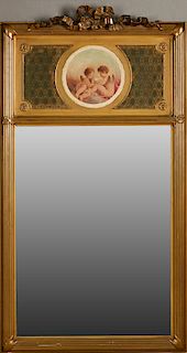 Louis XV Style Gilt and Gesso Overmantle Trumeau Mirror, late 19th c., the bow surmount over a relief panel with a central oil painting of two putti w
