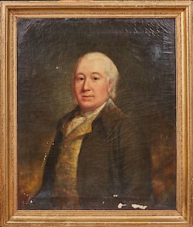 English School,"Portrait of a Gentleman," 19th c., oil on canvas, presented in a beaded gilt frame with a beaded liner, H.- 29 3/4 in., W.- 24 3/4 in.