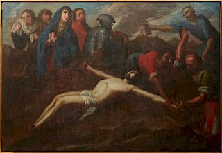 Continental School, "The Eleventh Station of the Cross," 18th c., oil on canvas, unsigned, presented in a gallery frame, H.- 40 1/2 in., W.- 59 in.