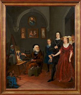 Renaissance Style, "The Distracted Artist," 19th c., oil on canvas, laid to board, presented in a gilt and polychromed frame, H.- 29 1/2 in., W.- 24 1