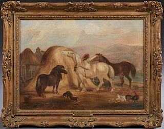 John Ferneley II (1815-1862), "Animals in the Barnyard," 19th c., oil on canvas, signed lower right, presented in an ornate gilt and gesso frame, H.- 