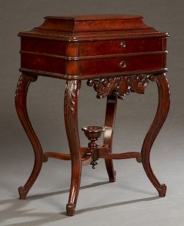 American Rococo Carved Rosewood Work Table, c. 1860, attributed to John Henry Belter, New York, with a lift top compartment atop the lifting lid with 