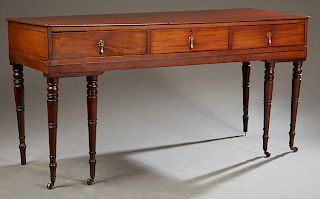 English or American Regency Inlaid Mahogany Pianoforte Case, 19th c., now converted to a desk, the rounded corner top over three frieze drawers, on si