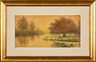 Alexander J. Drysdale (1870-1934, New Orleans), "Bayou Scene with Oaks and Water Lilies," early 20th c., oil wash, signed lower left and presented in 