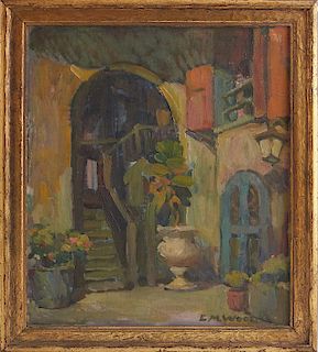 Ella Miriam Wood (1888-1976, Louisiana), "French Quarter Courtyard," 20th c., oil on board, signed lower right, presented in a period giltwood frame, 