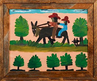 Clementine Hunter (1887-1988), "Traveling by Mule," ca. post 1980, oil on canvas, monogrammed right center, presented in a rustic cypress frame, H.- 1