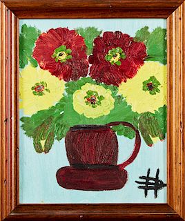 Clementine Hunter (1887-1988), "Zinnias in a Brown Handled Pot," c. 1980, oil on board, signed lower right, verso with a polaroid of the artist holdin