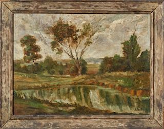 Augustin Souchon (1841-1915, French), "Landscape with Stream," 19th c., oil on canvas, signed lower right, presented in a distressed frame, H.- 21 1/8