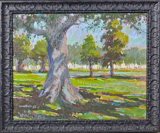 Don Wright (1938-2007, Louisiana), "Louisiana Cemetery," 1985, oil on canvas, signed and dated lower left, framed, H.- 23 1/2 in., W.- 29 1/2 in.