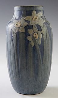Newcomb Art Pottery Vase, 1915, by Henrietta Bailey, of matte glaze baluster form with jonquil decoration, thrown by Joseph Meyer, the underside marke