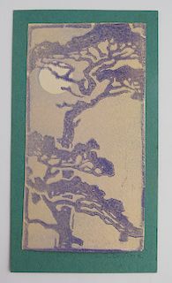 Sadie Irvine (1887-1970, Newcomb College), "Moss Draped Oak and Moon," early 20th c., woodblock print, laid to board, signed lower right of board, shr