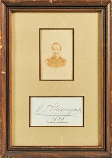 P. G. T. Beauregard, 19th c., carte de visite photograph, together with his autograph, 1889, presented in a single mahogany frame, Photo- H.- 3 1/4 in