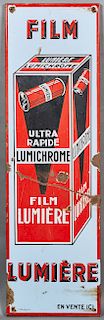 French Provincial Advertising Sign, early 20th c., for "Film Lumiere Ultra Rapide Lumichrome," H.- 47 1/2 in., W.- 14 1/4 in., D.- 7/8 in.