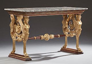 Neoclassical Style Pietra Dura Gilt and Faux Bois Composition Center Table, 20th c., the intricately inlaid pietra dura marble top above trestle suppo