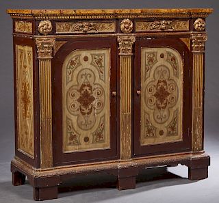 Gilt and Polychromed Italian Cabinet, early 20th c., the breakfront faux marble top over two paint decorated frieze drawers with putto head pulls, abo